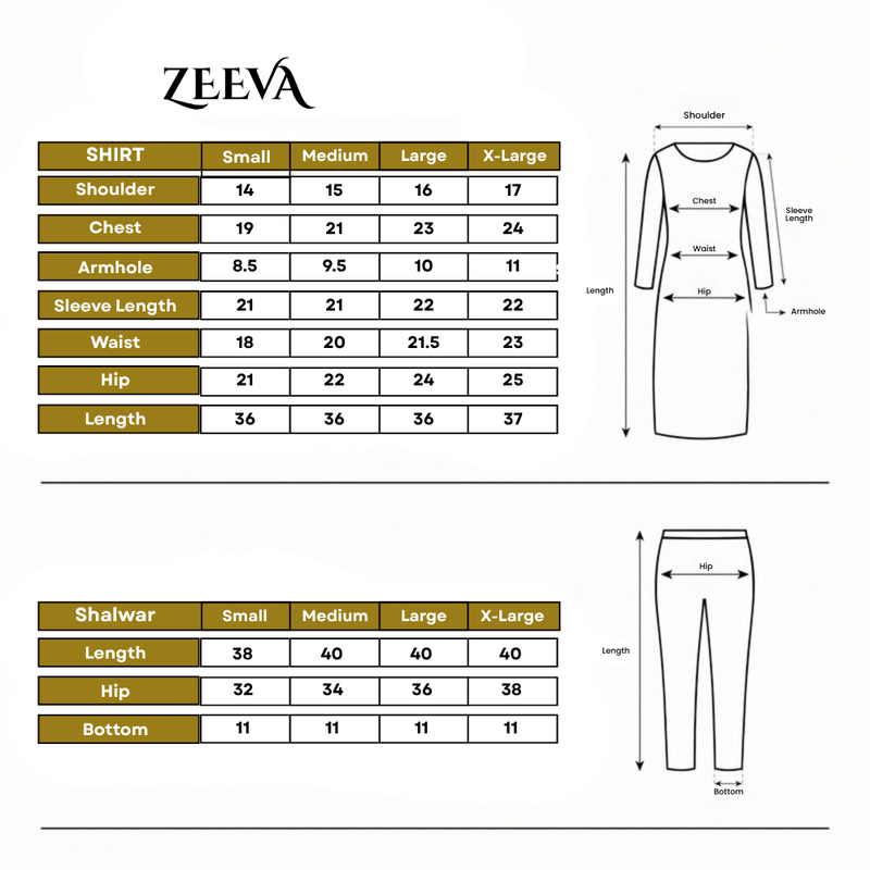 ZEEVA DIGITAL PRINTED 3PC Size Chart