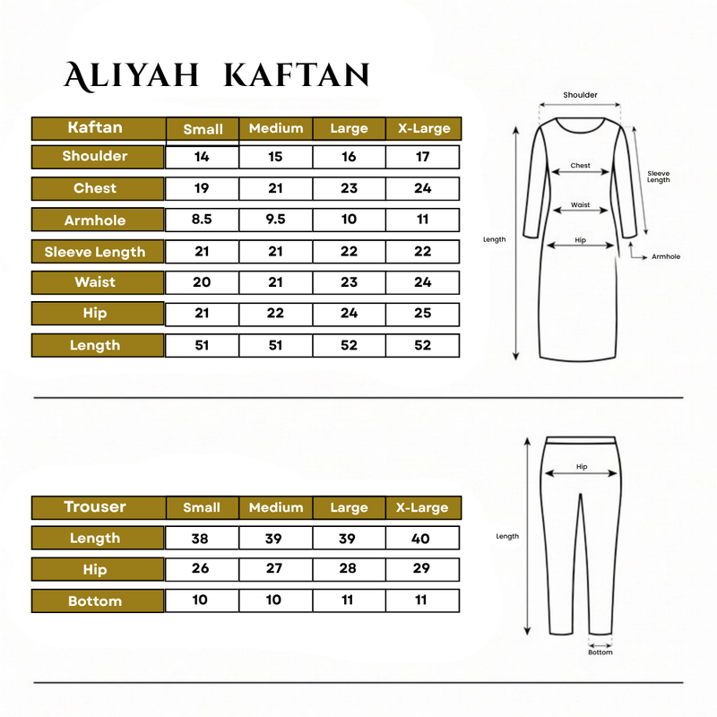 Aliyah Kaftan 2 Piece Size Chart
