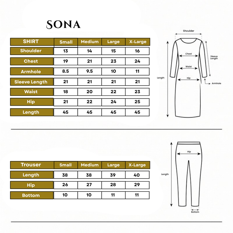 Sona 3-Piece Embroidered Size Chart