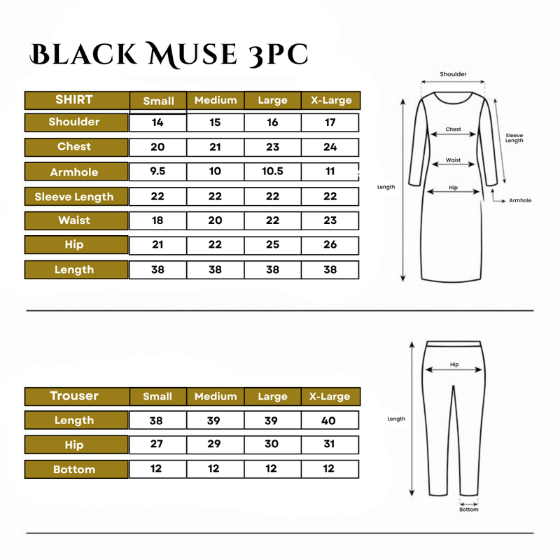 Black Muse Embroidery 3PC Size Chart