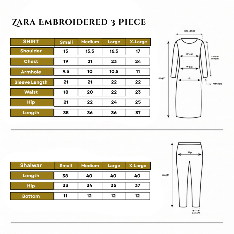 Zara Embroidered 3 Piece Size Chart