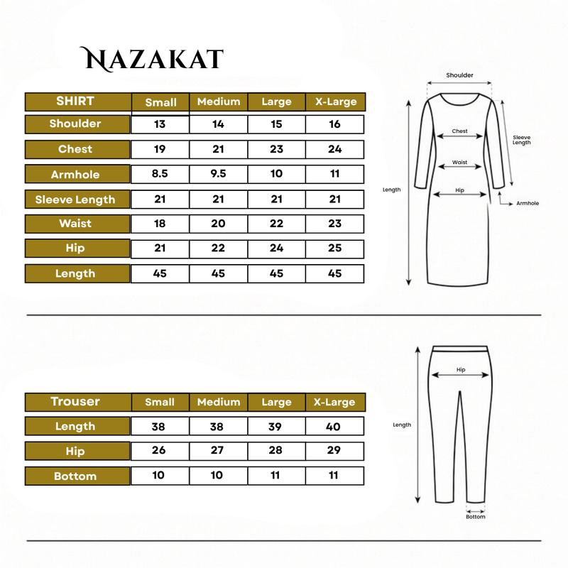 Nazakat 3-Piece Size Chart