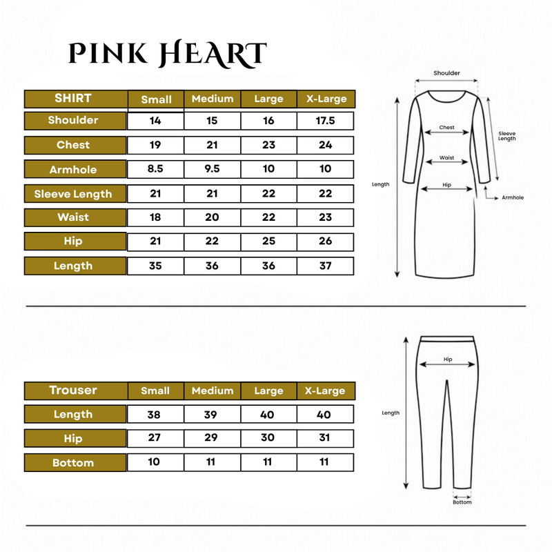 Pink Hearts 3Pc Size Chart