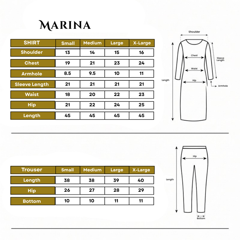 Marina 3 Piece Embroidered Size Chart