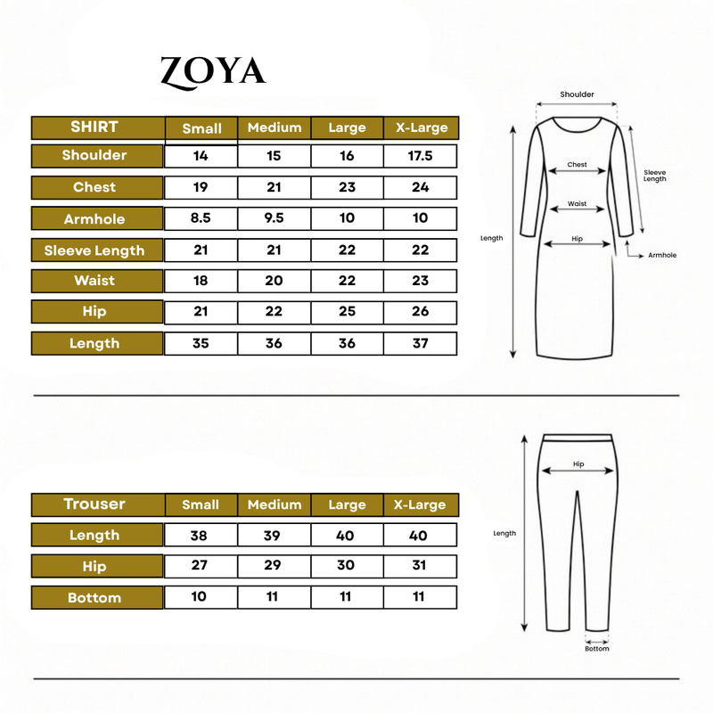 Zoya Embroidered 3-Piece Size Chart